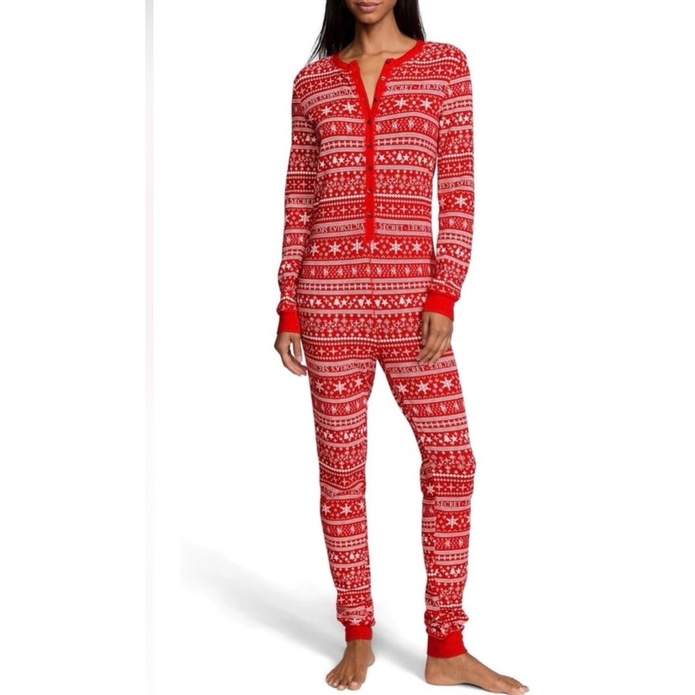 Victorias Secret Red Fair Isle Thermal One Piece Pajamas XL Christmas Romper EUC